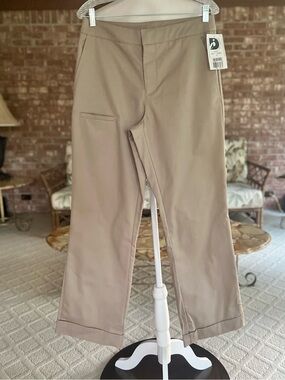 Landau Lucy Tan Straight Leg Cuffed Flat Front Pants NWT 6 Utility Classic